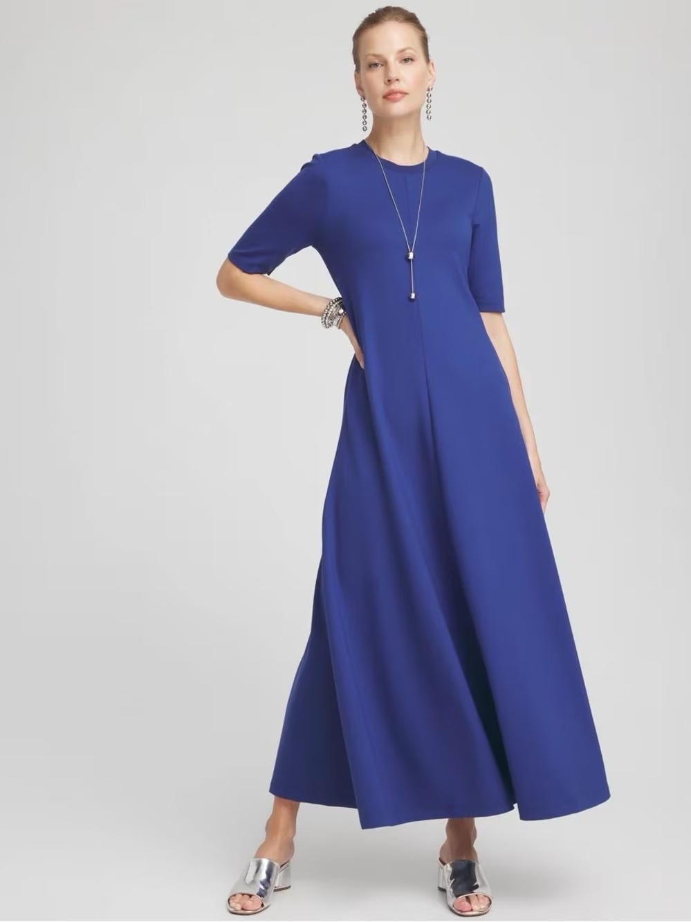 Chico's Ponte Rib Trim Maxi Dress Royal Blue Size: Medium EUC